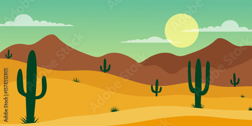 Vibrant desert landscape during sunset showcasing cacti and mountains under a clear sky