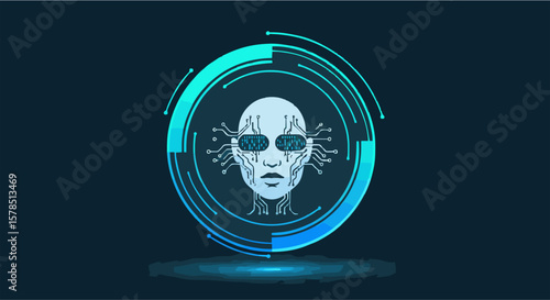 A stylized robotic head, circuit-etched face, encircled by glowing teal technological rings.