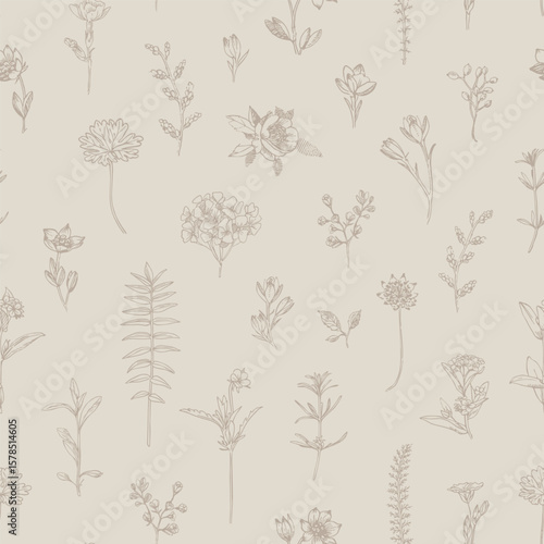 Seamless flowers and blades of grass. Toile design in beige tones.