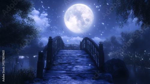 Wooden bridge under full moon nighttime landscape