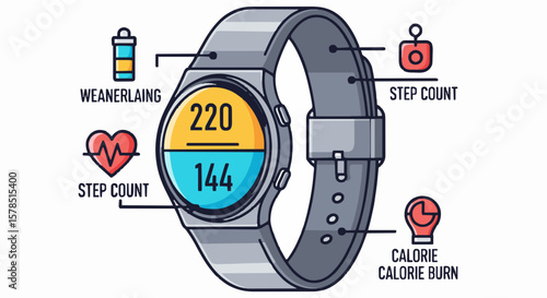 Smartwatch displaying health metrics: steps, heart rate, and calories burned.
