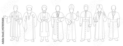 Set lineart religion people. Various cartoon character christian priest, patriarchs, pastor, clergyman. Bundle illustrations who believe Christ. Design for faith, belief, confession and churchman.