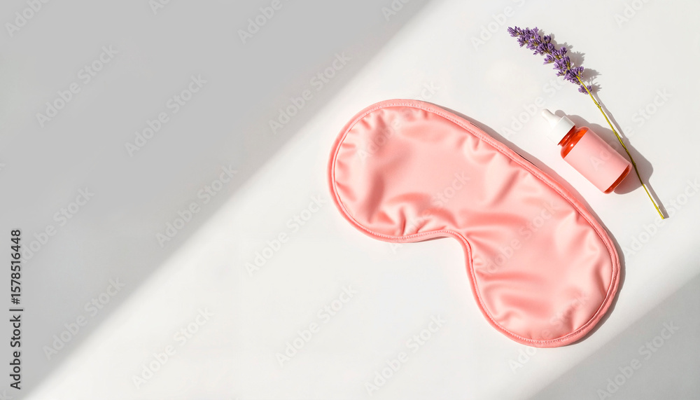 Fototapeta premium A pink sleep mask rests alongside a small lavender sprig and an orange bottle of essential oil, creating a serene environment for relaxation and sleep preparation