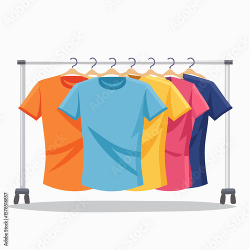 Colorful t shirts hanging on hangers in a clothing store