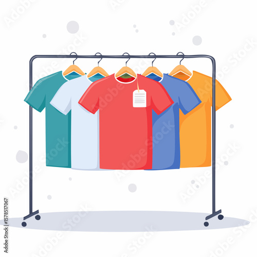 Colorful t shirts hanging on hangers in a clothing store