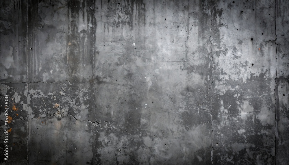 Fototapeta premium A close-up of a weathered, gray concrete wall with visible textures, stains, and imperfections.