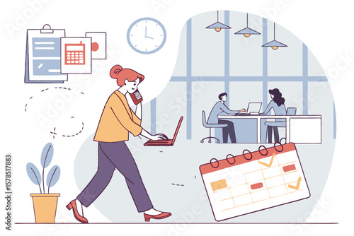 Woman multitasking with laptop and phone in a busy office environment with coworkers and calendar