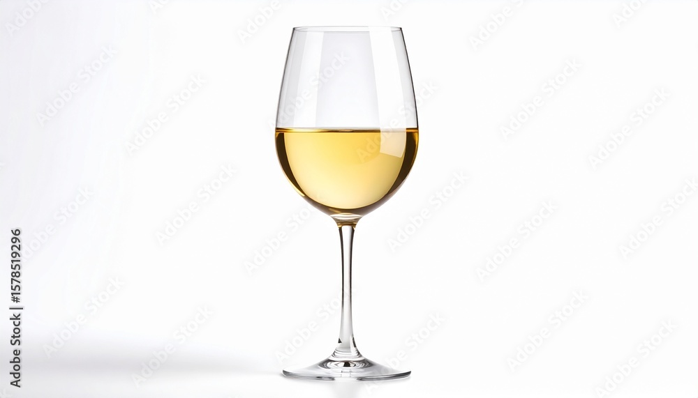 Clear wine glass with golden rim, half-filled with white wine, elegant composition with floating shadow on white background. Clear wine glass with golden rim, half-filled with white wine, elegant composition with floating shadow on white background.