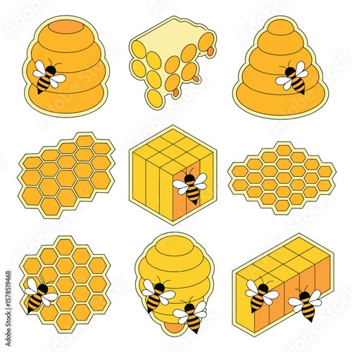 Honeycomb and Bee Illustrations  Isometric and Flat Designs