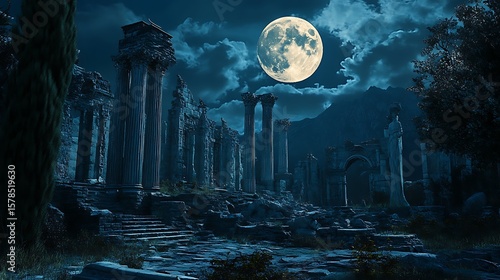 Ancient ruins at night under full moon
