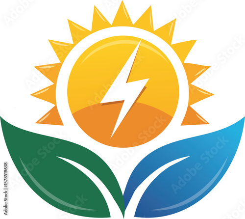 Solar Energy Logo with Sun, Lightning Bolt, and Leaves – Eco-Friendly Power Vector for Renewable Energy, Sustainability, Green Technology, and Environmental Branding