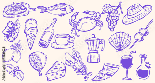 Italian style vacation and foods doodle set featuring classic summer scenes and traditional dishes, with a lively, hand-drawn charm that evokes Italian culture.hand-drawn collection