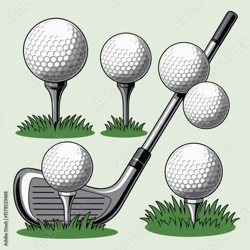 Golf Balls on Tees with Golf Club Illustration