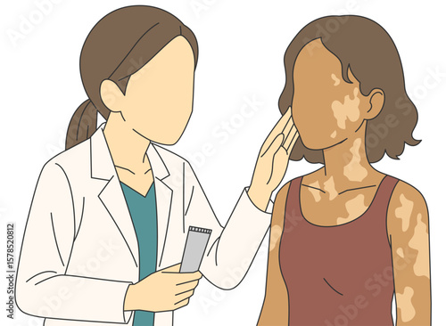 Flat vector woman consults specialist for skin discoloration. Clinical assessment of vitiligo in adult woman. Dermatologist examines female patient with pigmentation disorder.