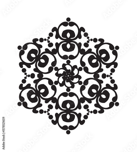 Intricate black and white symmetrical design resembling a floral pattern.