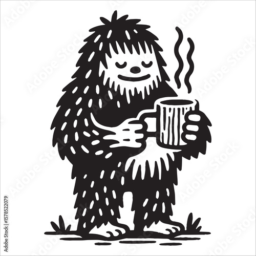 Happy Bigfoot Drinking Coffee