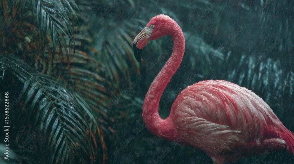 Fototapeta premium Portrait of a pink flamingo standing in the rain in a tropical forest