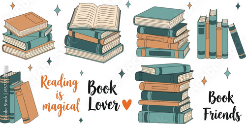 Vintage book stack illustration for book lovers and reading enthusiasts perfect for social media posts