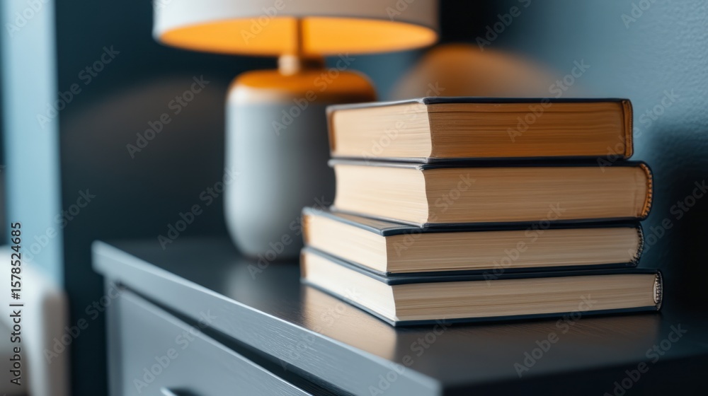 Fototapeta premium Stack of Closed Books Next to Warm Lamp on Dark Surface in Modern Home Setting