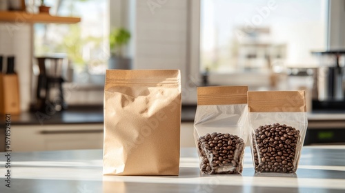 Coffee bags on kitchen countertop