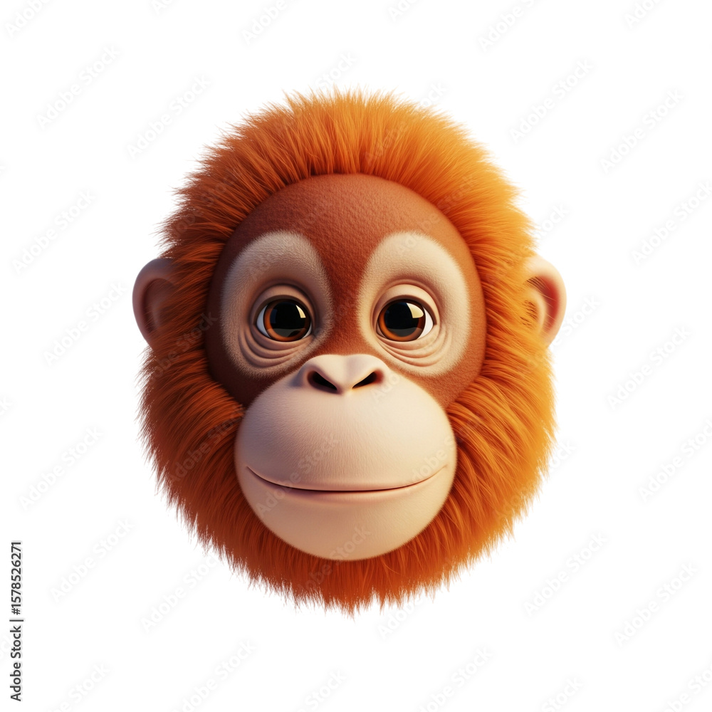 Obraz premium Adorable 3D Rendered Orangutan Baby Face; Happy, Friendly Expression; Isolated on Black Background.