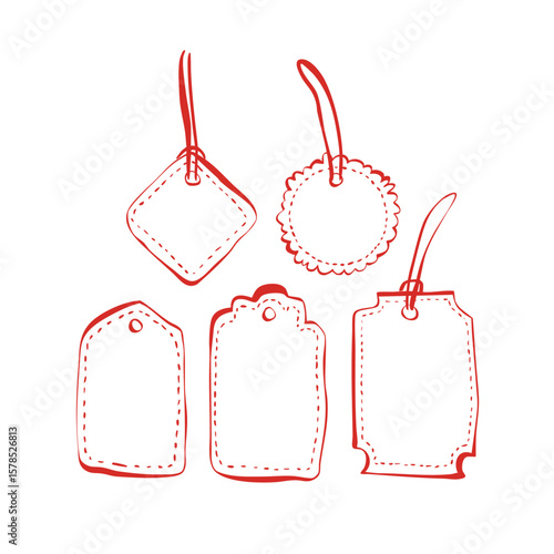 Set of hand-drawn gift tags with stitches and strings for packaging and decoration