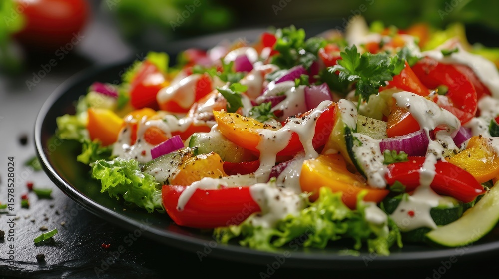 Salad of boiled vegetables with mayonnaise. On a black stone background. In a plate, close-up.