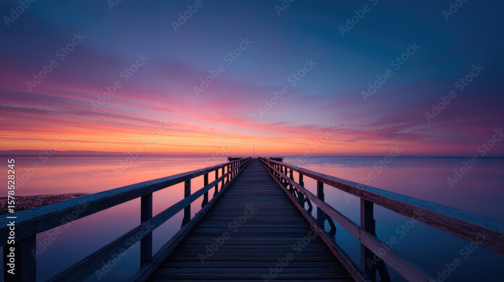 Obraz premium Watch the sunrise over the serene pier tranquil seaside location landscape photography peaceful waters captured from the end of the dock natural beauty awaits
