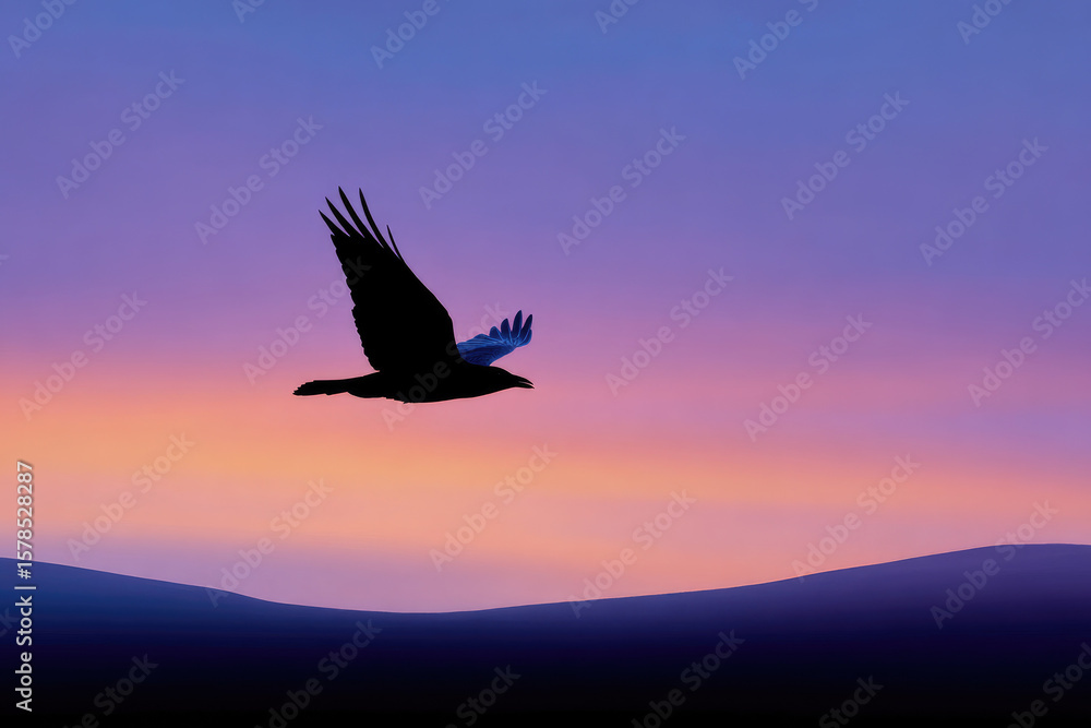 Naklejka premium Majestic bird in flight at dusk overrolling hills nature photography peaceful atmosphere serene landscape silhouette perspective inspiring wildlife concept