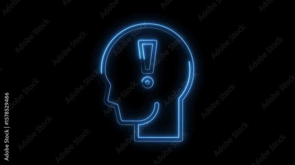 Human head with exclamation mark neon glowing on black background artificial intelligence concept Human head with exclamation mark neon glowing on black background artificial intelligence concept