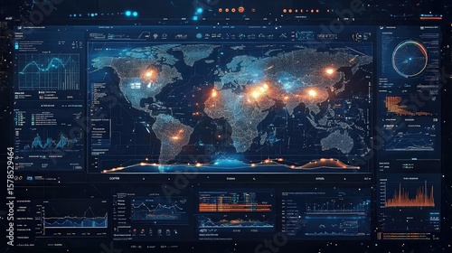 Climate modeling dashboard with quantum AI computation engine showing extreme weather prediction, , analysis, and global climate map
