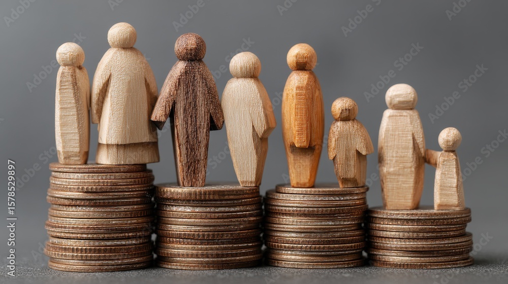 Naklejka premium Wooden figures on stacked coins socioeconomic inequality