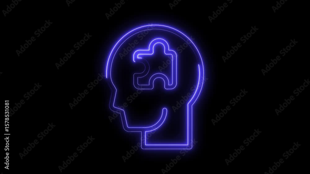 Neon head profile with puzzle piece autism awareness concept animated on black background Neon head profile with puzzle piece autism awareness concept animated on black background