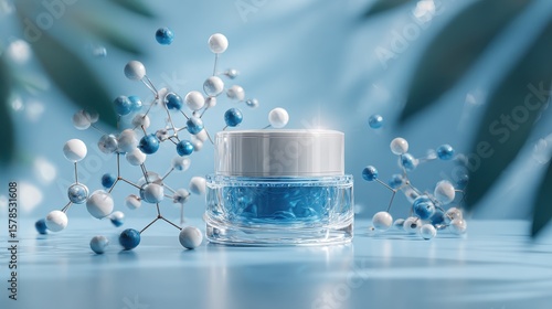 Molecules and cream jar, rejuvenating cosmetology, skincare science
