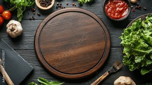 Empty wooden pizza board surrounded by fresh ingredients