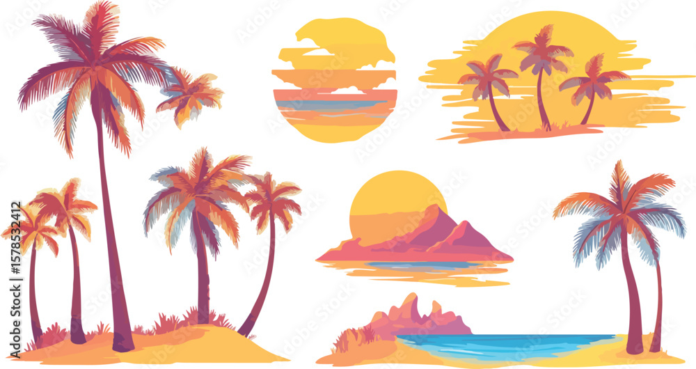 Obraz premium Tropical Beach Sunset Vector Illustration with Palm Trees and Mountains