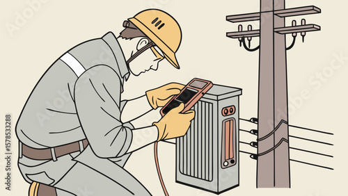 "Vector illustration of electrician working on transformer – safety helmet on"

