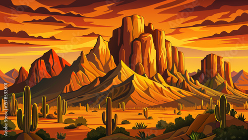 Beautiful sunset over Superstition Mountains in Arizona. Warm desert colors, rugged rock formations, glowing sky, iconic American Southwest landscape, scenic nature, peaceful golden hour view