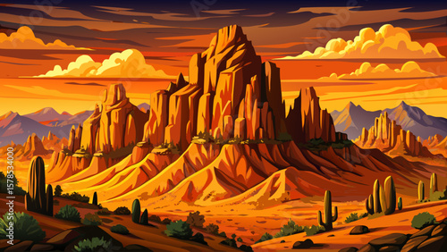 Beautiful sunset over Superstition Mountains in Arizona. Warm desert colors, rugged rock formations, glowing sky, iconic American Southwest landscape, scenic nature, peaceful golden hour view