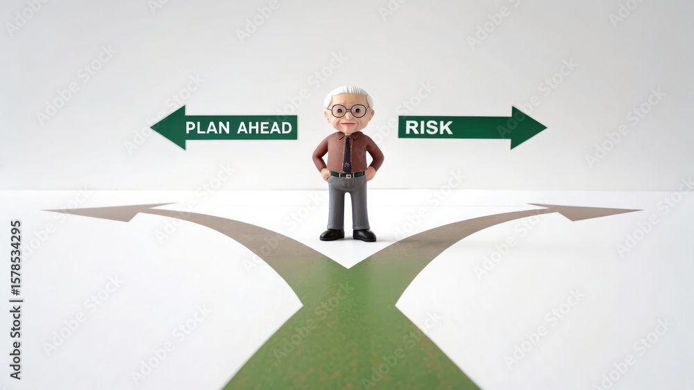 Financial planning for retirement A cartoon man stands at a crossroads, choosing between Financial planning for retirement A cartoon man stands at a crossroads, choosing between