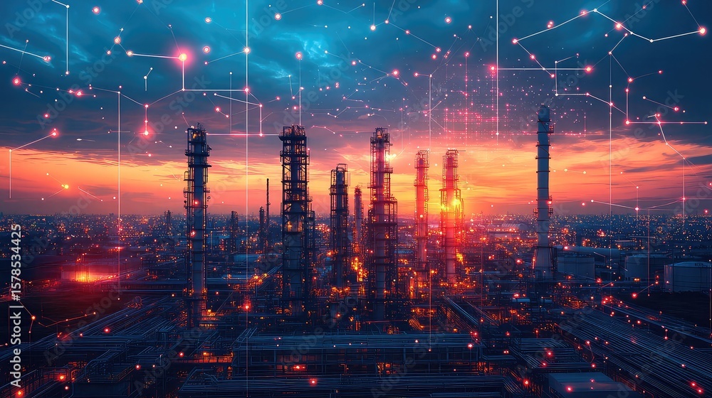 Fototapeta premium Carbon capture technology system visual with industrial pipeline, AI emissions analytics, and clean energy transformation concept overlay