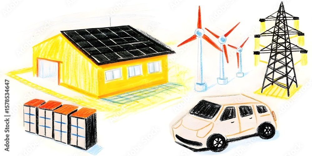 Fototapeta premium Clean Energy Living: Solar Panels and Wind Turbines