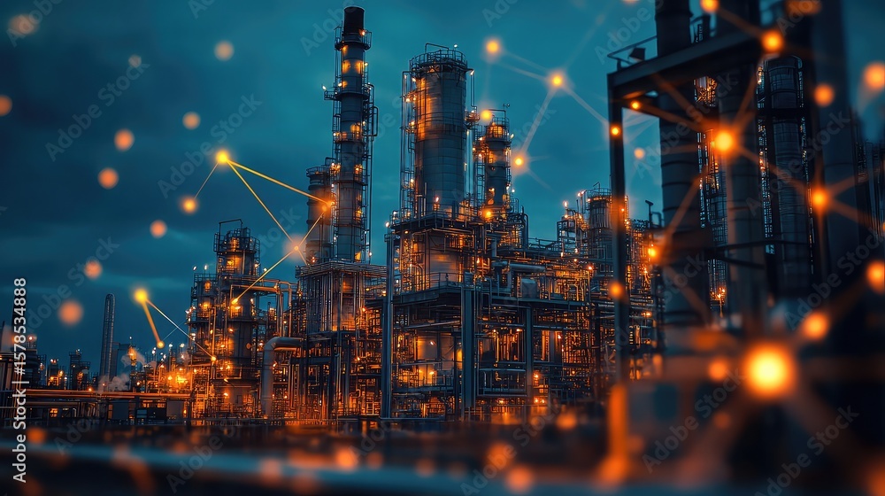 Fototapeta premium Carbon capture technology system visual with industrial pipeline, AI emissions analytics, and clean energy transformation concept overlay