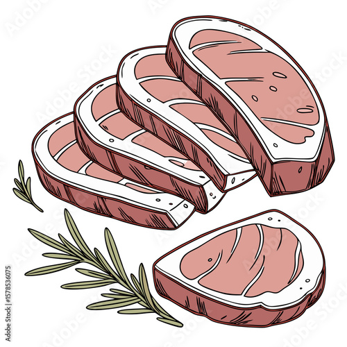 Pork Loin Slices with Clean Texture, Hand-Drawn Meat Illustration. Perfect for: Lunar New Year banquets, traditional meal promotions