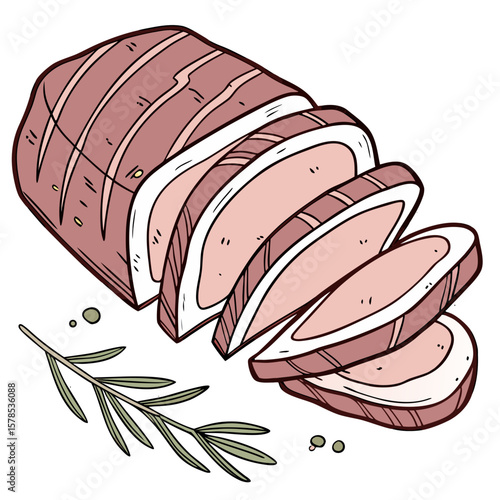 Pork Loin Slices with Clean Texture, Hand-Drawn Meat Illustration. Perfect for: Lunar New Year banquets, traditional meal promotions