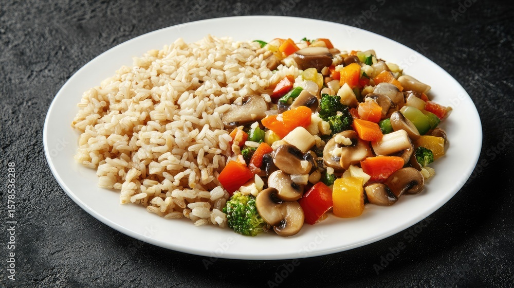 Vegetarian meat free mycoprotein pieces vegetable stir fry, brown rice served in white plate Vegetarian meat free mycoprotein pieces vegetable stir fry, brown rice served in white plate