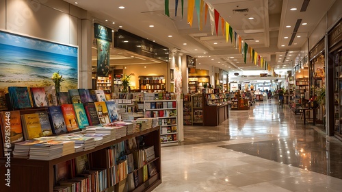 a bookstore located inside a shopping mall The banner is promoting an upcoming book signing event featuring a famous author .