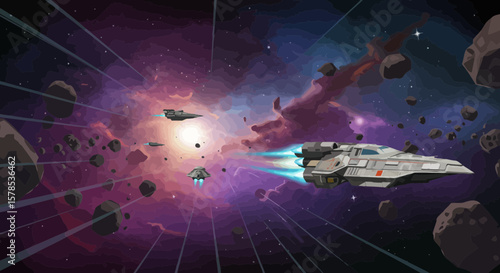 Explore the vast cosmos with a dynamic interstellar spaceship flight scene among asteroids and a colorful nebula design.