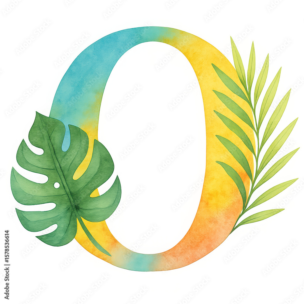Naklejka premium Watercolor Tropical Leaves Forming Letter O on Green Background,clipart, cut out, no background ,PNG die-cut for advertising