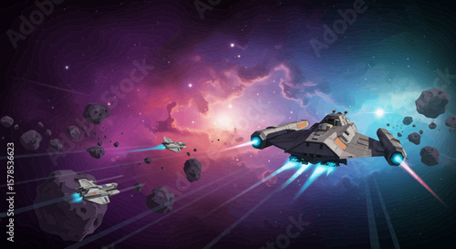 A futuristic spaceships graphic soars through a vibrant nebula filled with asteroids, ideal for sci-fi games or cosmic adventures.